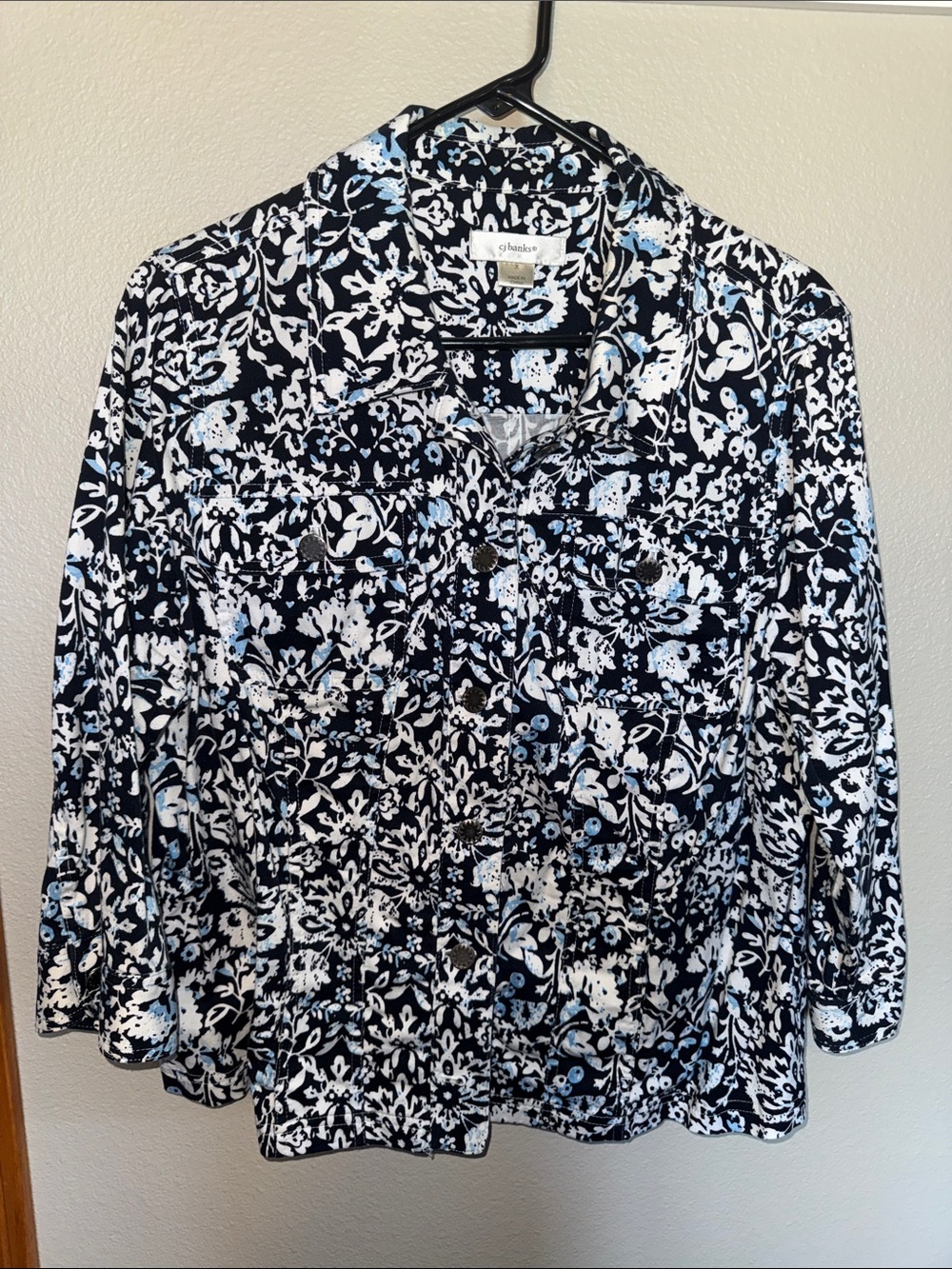 CJ Banks Navy, White & Light Blue Floral Button-Front Jacket